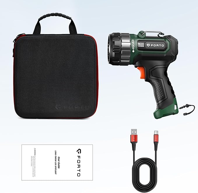 FORTO Compact Rechargeable Spotlight with Adjustable Focus, Handheld Spot Light with Stand, 823m