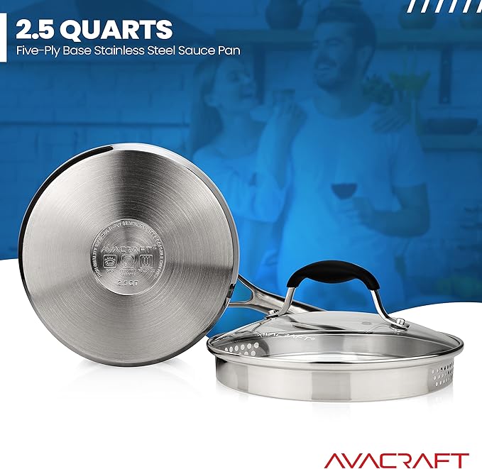 AVACRAFT Stainless Steel Saucepan with Glass Strainer Lid, Two Side Spouts for Easy Pour with