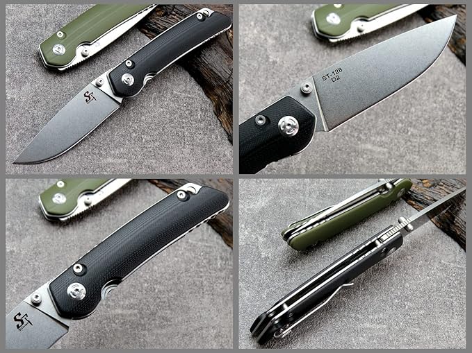 Sitivien ST128 Folding Knife,D2 Blade G10 Handle Safety Liner Lock EDC Tool Knife for Outdoor