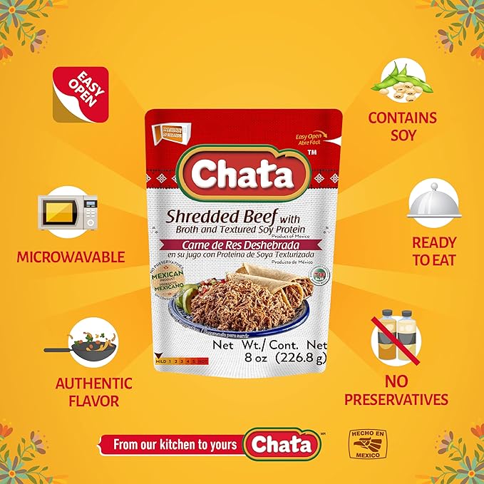 Chata Authentic Carne de Res Deshebrada, Seasoned Shredded Beef, 8 oz, Pack of 1