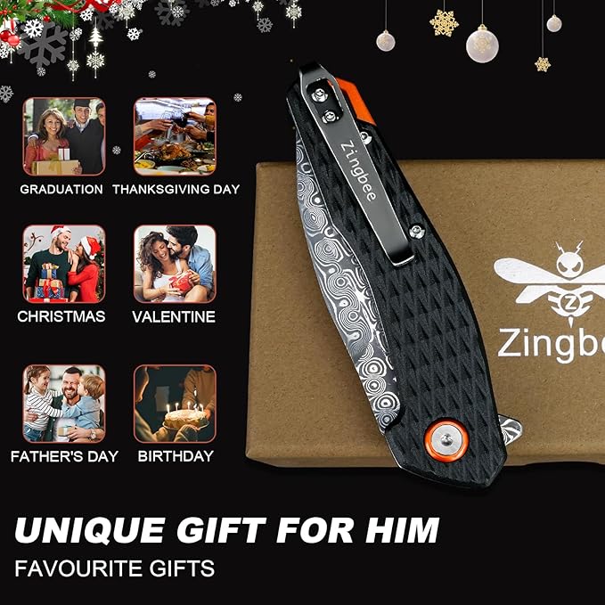 Damascus Folding Knife, 3.03" Damascus Steel Blade Pocket Knives with Clip, Black Aluminum Handles