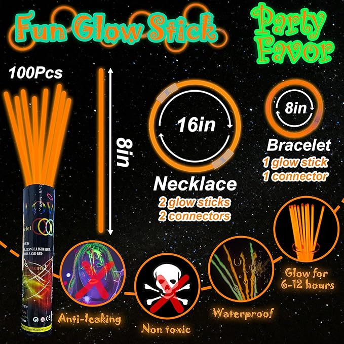 ILHSTY 100 Pcs 8'' Orange Glow Sticks Glow In The Dark Party Favors Supplies Bright GlowSticks