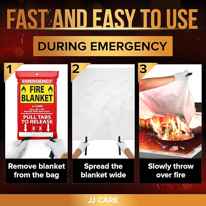 JJ CARE Fire Blanket ??3 Packs with Hooks and Gloves ??Emergency Fire Blanket for Home & Kitchen