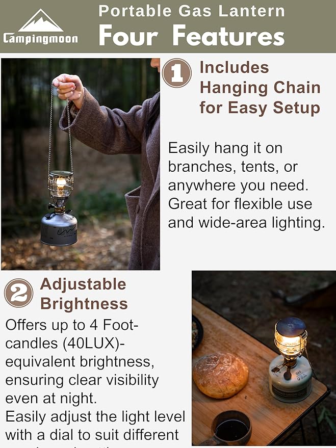 CAMPINGMOON Mini Gas Camping Lantern with Hanging Chain & Hard Case ??80W Equivalent Brightness