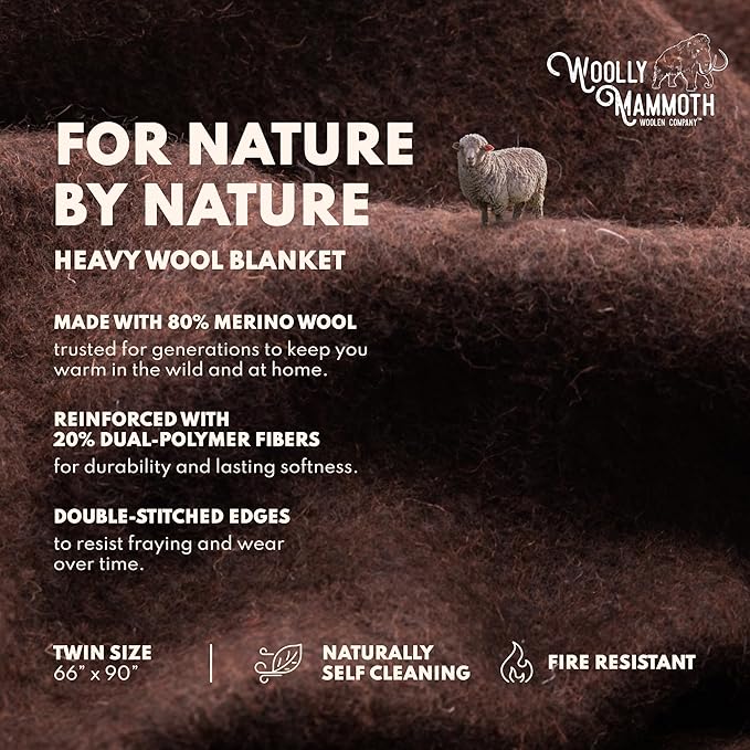 Woolly Mammoth Woolen Company Merino Wool Blanket - 66 x 90 in, Brown - Modern Twill Outdoor Throw