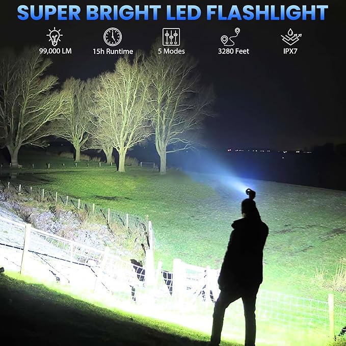 Rechargeable LED Flashlights High Lumens, 99,000 Lumens Super Bright Flashlight, Adjustable