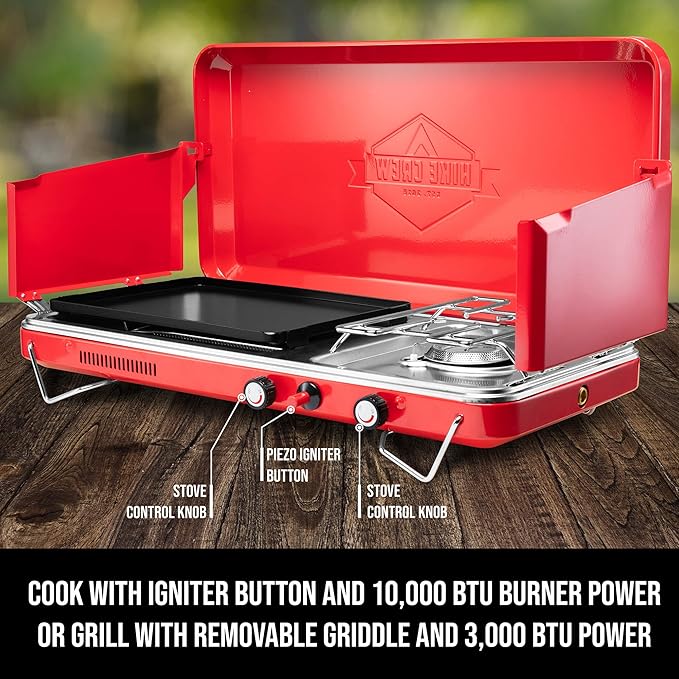 Hike Crew 2-in-1 Gas Camping Stove and Griddle, Portable Propane Burner w/Integrated Igniter &