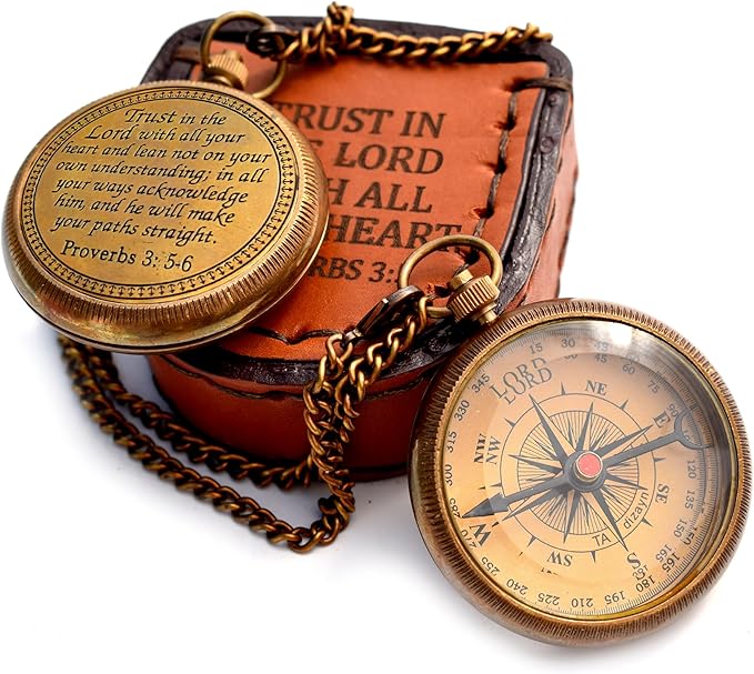 Trust in The Lord With All Your Heart - Proverbs 3:5-6 Quote Engraved Compass With Wooden Box
