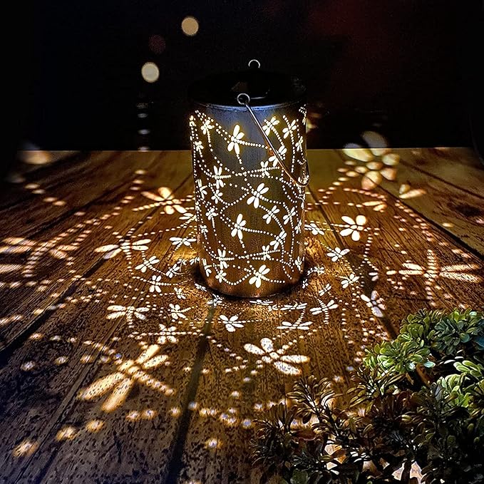2 Pack Solar Lanterns Outdoor Hanging Lantern Lights, Dragonfly Hollowed-Out Metal Decor Lantern