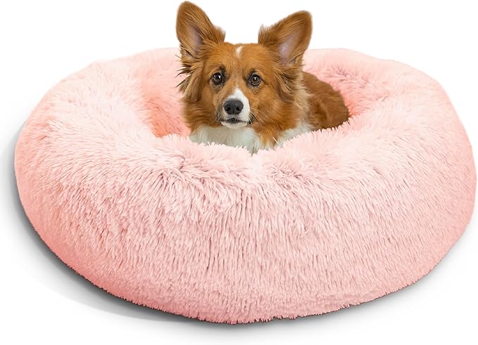 Best Friends by Sheri Original Calming Donut Dog and Cat Bed, Shag Faux Fur, Cotton Candy Pink