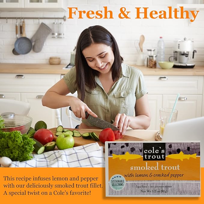 COLE?™S - Smoked Trout Fillet with Lemon & Cracked Pepper | 3.2oz Hand-Packed Canned Fish | High in