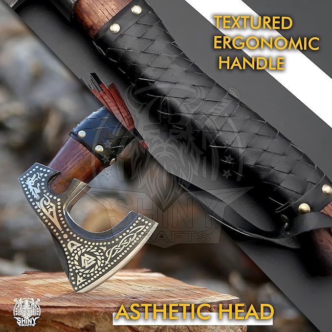 SHINY CRAFTS®- Engraved Viking Axe – Gift for Outdoorsman Hand-Forged Hatchet with Leather Wrap