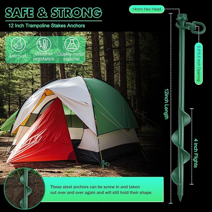 Zhengmy 4 Pcs Ground Anchors Screw in, 12 Inch Heavy Duty Tent Stakes with Trampoline Anchor Hook