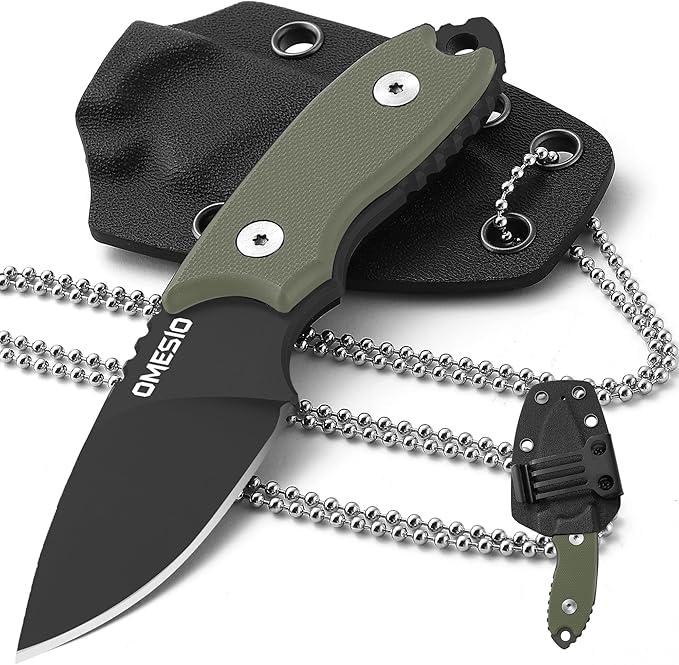 Omesio Neck Knife with Sheath and Necklace, 5.43" Small Fixed Blade Knife, Full Tang with Clip, D2
