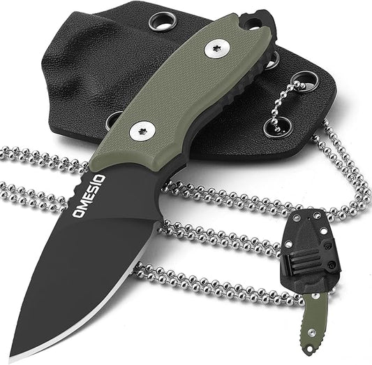 Omesio Neck Knife with Sheath and Necklace, 5.43" Small Fixed Blade Knife, Full Tang with Clip, D2