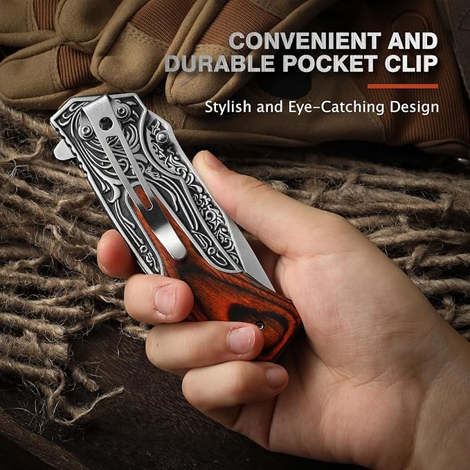 Pocket Knife for Men, 8.7" Folding Knife, 440 Stainless Steel Blade, 0.19lb, Wood Handle with 3D
