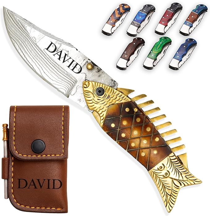 Personalized Folding Knife, Damascus Fish Style Pocket Knife, Custom Gift for Husband, Grandpa