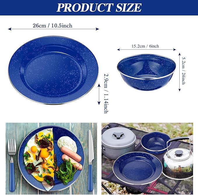 Nuogo 12 Pcs Enamel Camping Tableware Set Dinnerware Kit Includes 12 oz Coffee Mugs Camping Plates