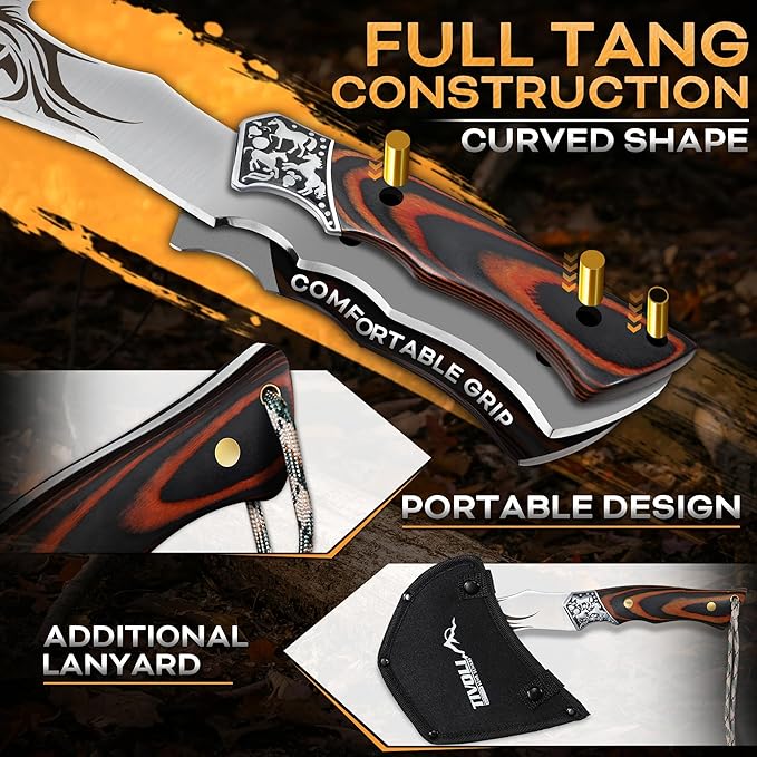TIVOLI Camping Axe, Lion - Patterned Survival Hatchet with Nylon Sheath, High Carbon Steel Blade