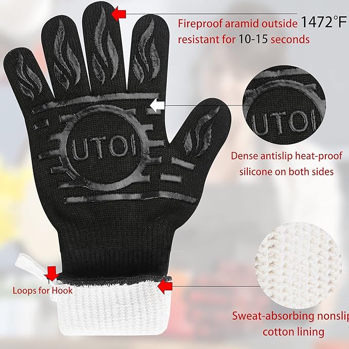 BBQ Grill Gloves, 1472°F Heat Resistant Barbecue Gloves Oven Mitts, Silicone Non-Slip Cooking