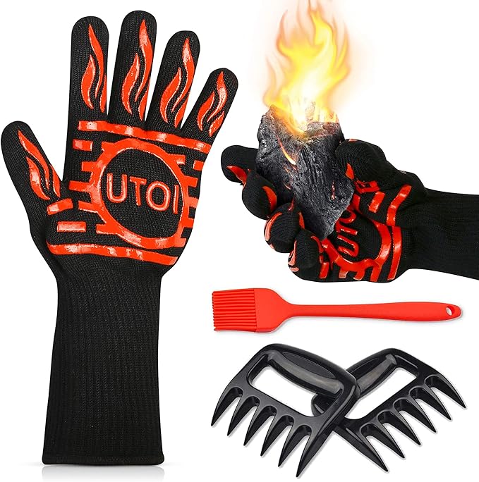 BBQ Grill Gloves Kit, 1472°F Heat Resistant BBQ Gloves, Meat Shredder Claws & Silicone Basting