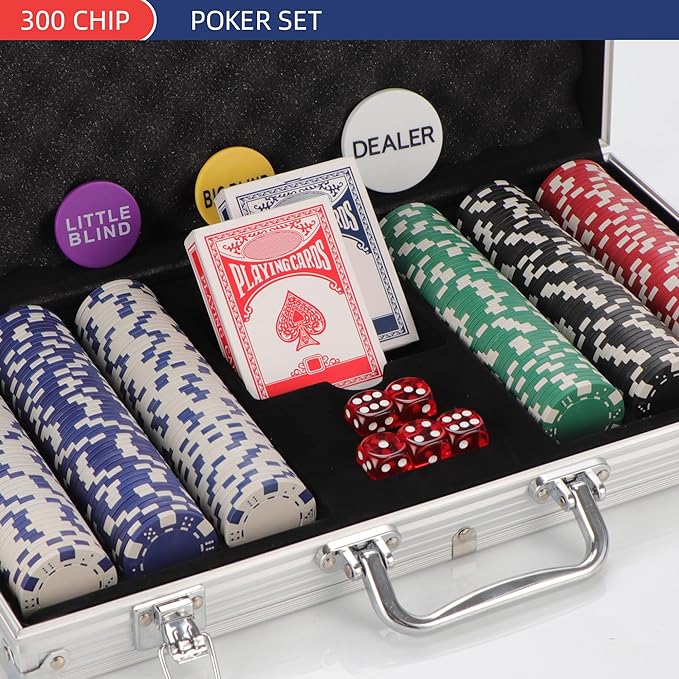 300Pcs Poker Chips Set for Texas Holdem,Blackjack,Professional Poker Kit with Aluminum Case,2 Decks