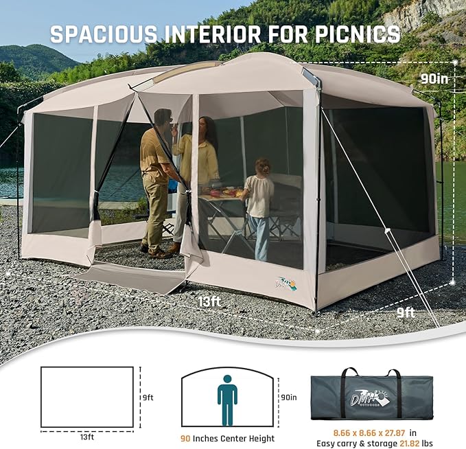 Screen House Tent 13x9ft Screen Room Mesh Gazebos w/ 2 Magnetic Doors, Included Projection Screen