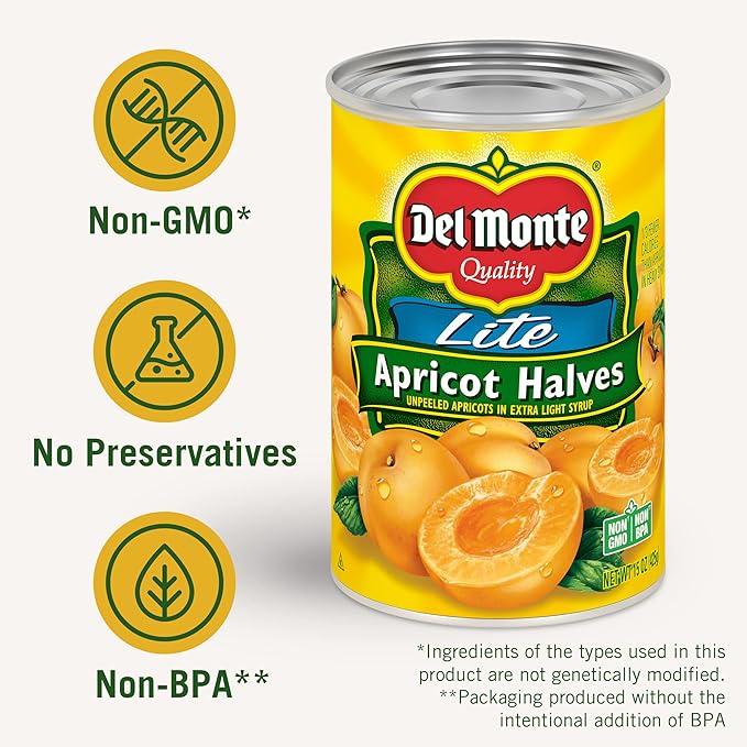 DEL MONTE Lite Apricot Halves in Extra Light Syrup, Canned Fruit, 15 oz can(12 Pack)