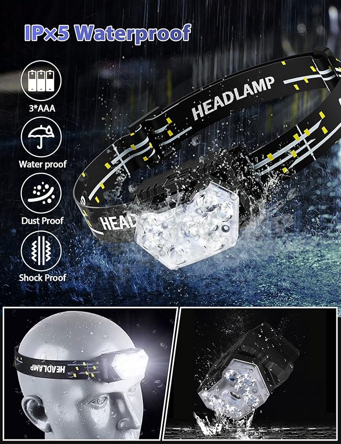 2000 Lumen 9 LED Headlamp 2 Pack, Ultra Bright Head Lamp with 6 Modes, IPX5 Waterproof Head Light