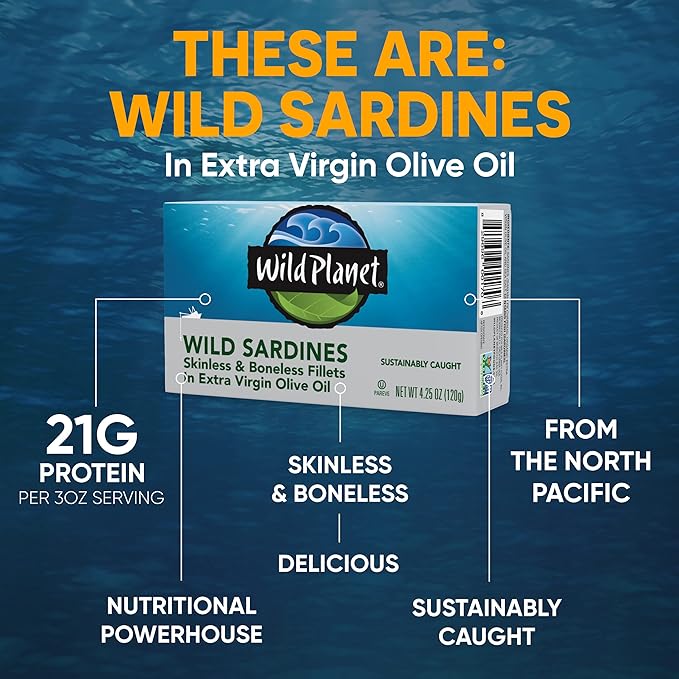 Wild Planet Wild Sardines in Extra Virgin Olive Oil with Sea Salt, Skinless & Boneless, Tinned Fish