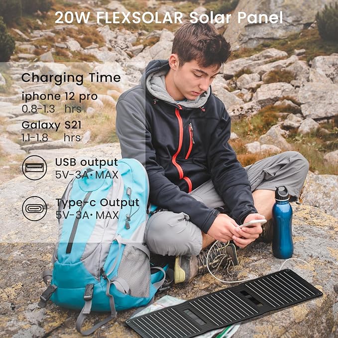 [Upgraded] FlexSolar 20W Portable Solar Panel, High Efficiency ETFE Foldable Panels with 5V USB