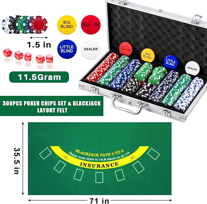 Aoriher Blackjack Casino Game Set, Include 300 Poker Chips, Casino Felt 1 Automatic Card Shuffler 6