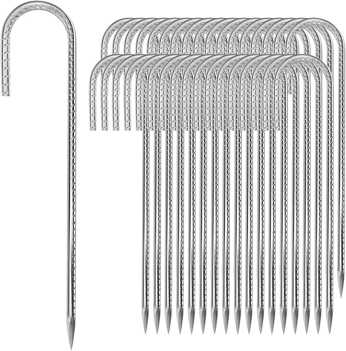 12 inches Tent Stakes Heavy Duty 34-Pack, 5/16" Diameter J Hook Fence Stakes Rebar Ground Stake for