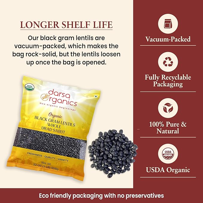 Darsa Organics Urad Whole Dal (Matpe Beans with Skin) 2lb, | USDA Organic, Non-GMO, Gluten-Free