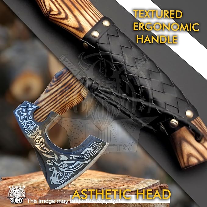 SHINY CRAFTS®- Hand-Forged Viking Axe for Men Leather-Wrapped Handle & Sheath Great for Birthdays
