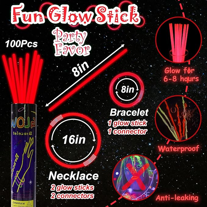 100 pk 8" Glow Sticks Bulk Party Favors, Light up Glow Necklaces & Bracelets in the Dark Party