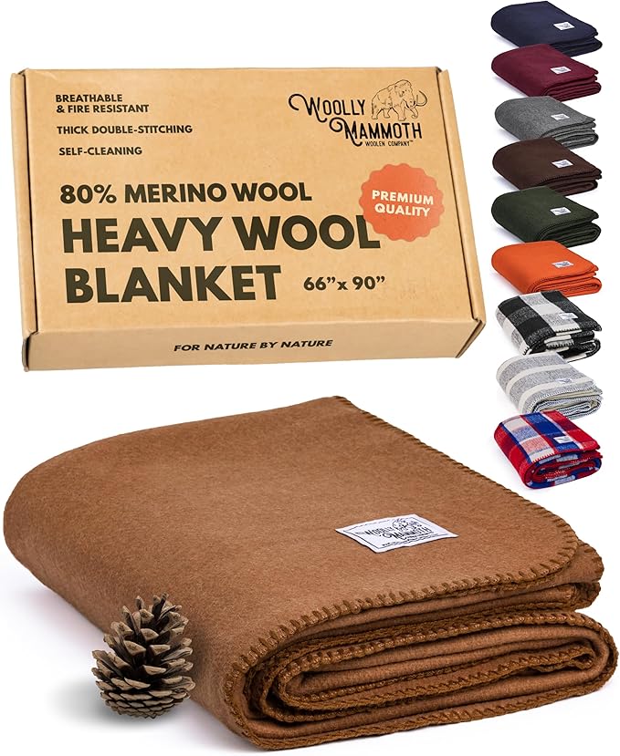 Woolly Mammoth Woolen Company Camping Blanket - 66 x 90 in, Tan - Outdoor Throw Blanket for