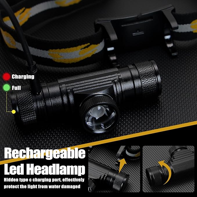 Headlamp Rechargeable, 1200 Lumen Zoomable LED Head Lamp for Adults, IP66 Waterproof Rechargeable