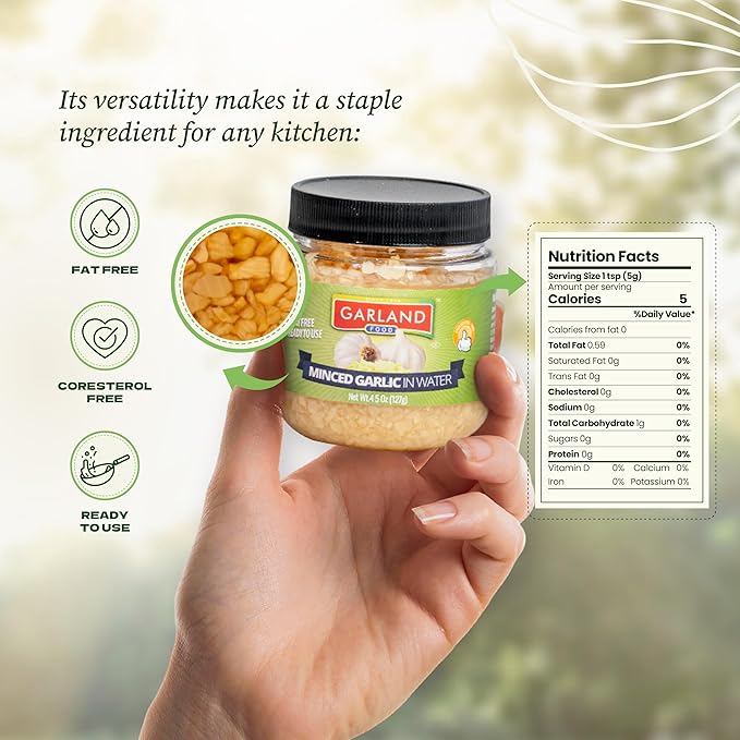 Garland Food Minced Garlic in Water 4.5 oz ??Made in the USA - Minced Garlic in Jar for Fresh