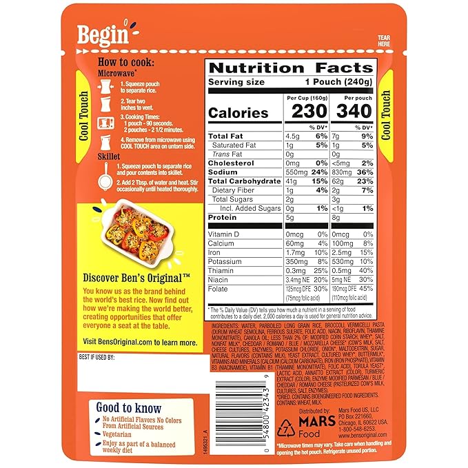 BEN'S ORIGINAL Ready Rice Cheddar Broccoli Flavored Rice, Easy Dinner Side, 8.5 oz Pouch (Pack of