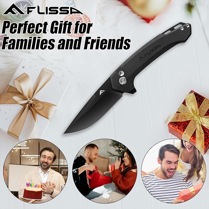 FLISSA Pocket Folding Knife, 3.2??D2 Blade G10 Handle EDC Knife with Button Lock and Pocket Clip