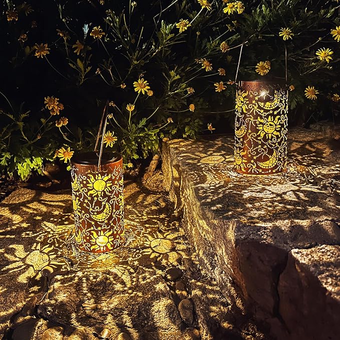 Solar Lanterns Outdoor Hanging Lantern Lights,Sun Moon Metal Decor Lanterns-Waterproof LED