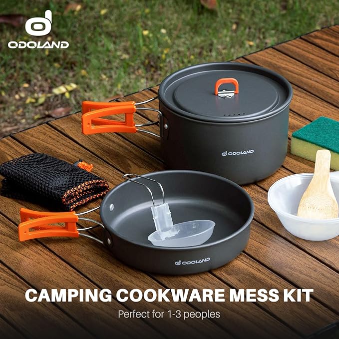 Odoland 9pcs Camping Cookware Non-Stick Lightweight Pots and Pans Set with Plastic Bowls Soup Spoon