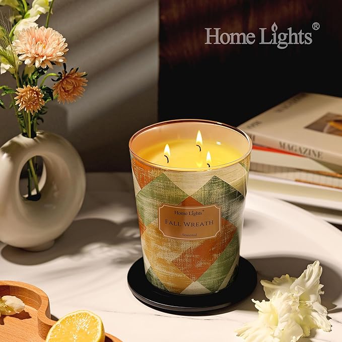 HomeLights Large jar Candle | 3-Wick Long-Lasting Scented Candles, 34oz Natural Soy Wax Candle for
