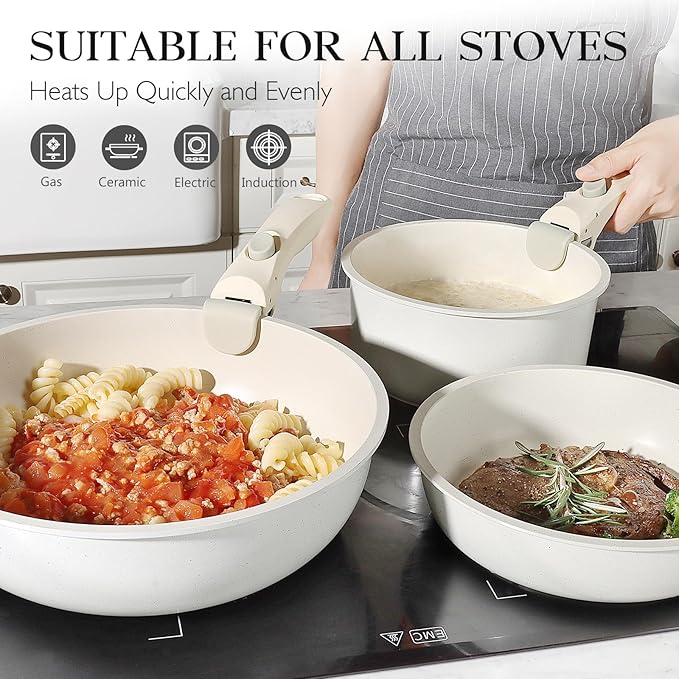 GiPP 5Pcs Pots and Pans Set Non Stick, Cookware Sets Nonstick Detachable Handle, Induction Kitchen