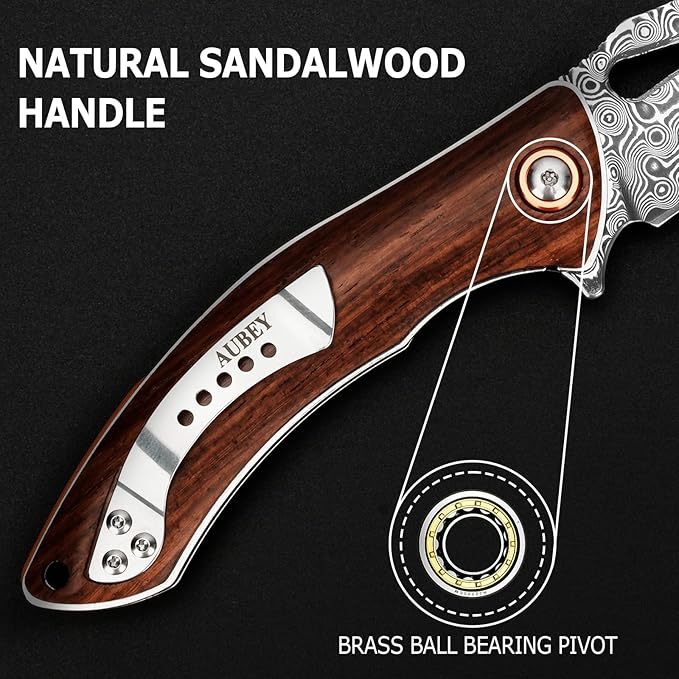 AUBEY Damascus Folding Knife with Clip, Pocket Knife with Wood Handle, EDC Knife for Outdoor Hiking