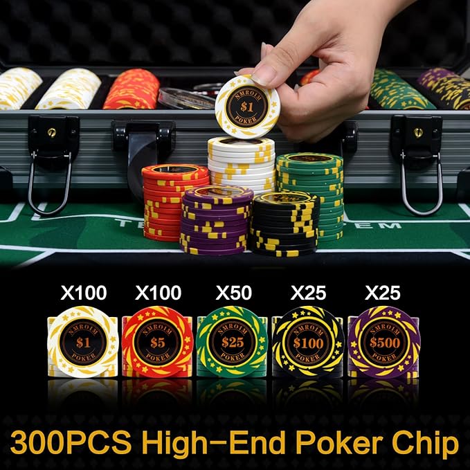 13.5 Gram Clay Poker Chip Set Texas Hold'em Casino Chips 2 Decks of Cards, Aluminum Case Dealer