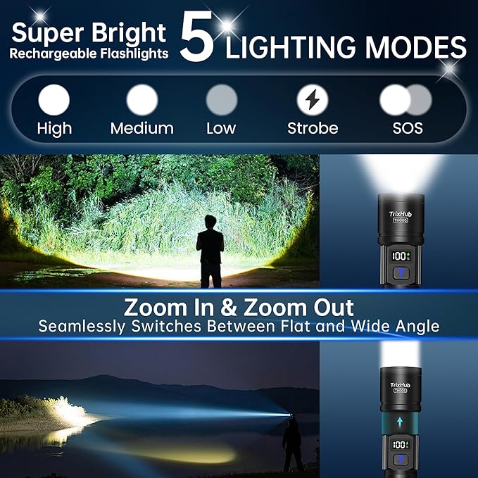 Rechargeable Flashlights 2 Pack, Super Bright High Lumens Flash Light, 5 Modes Zoomable Linternas