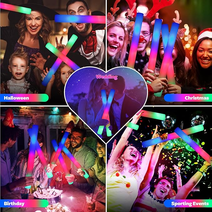 200 PCS LED Foam Glow Sticks Bulk, Glow in the Dark Party Supplies with 3 Modes Colorful Flashing