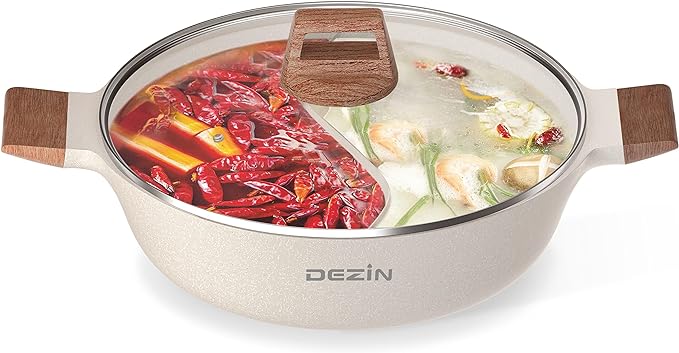 Dezin 5-QT Double-flavor Shabu Shabu Pot with Divider, Dual Sided Nonstick Hot Pot, 12 Inch Divided